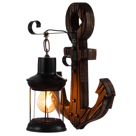 Quickway Imports Vintage Industrial Anker Shape Wooden Wall Lamp, Wall Sconce Light Home, Restaurant or Bar